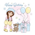 GIRL BIRTHDAY Color Vector Illustration Set